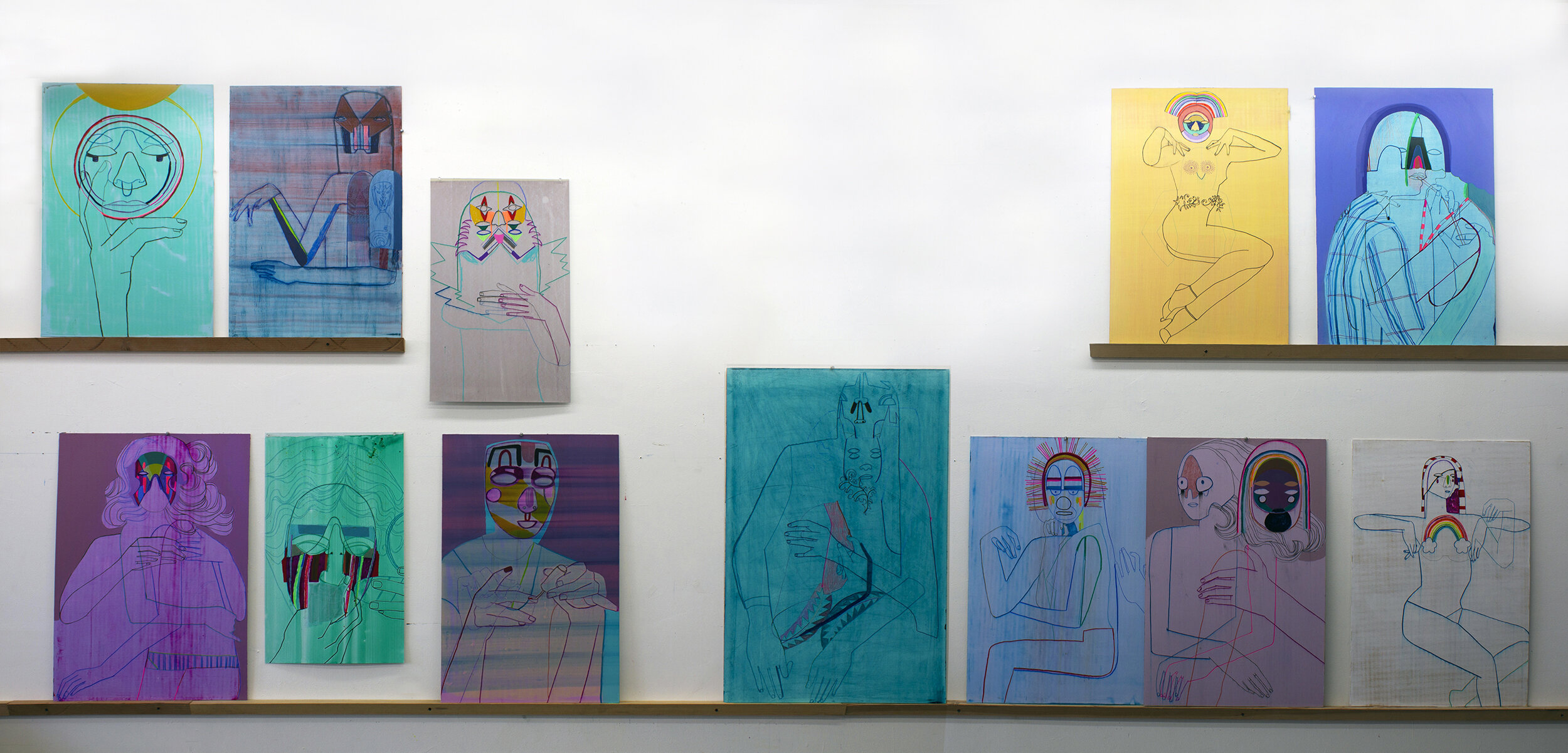 Studio installation of drawings on panel and paper 2019