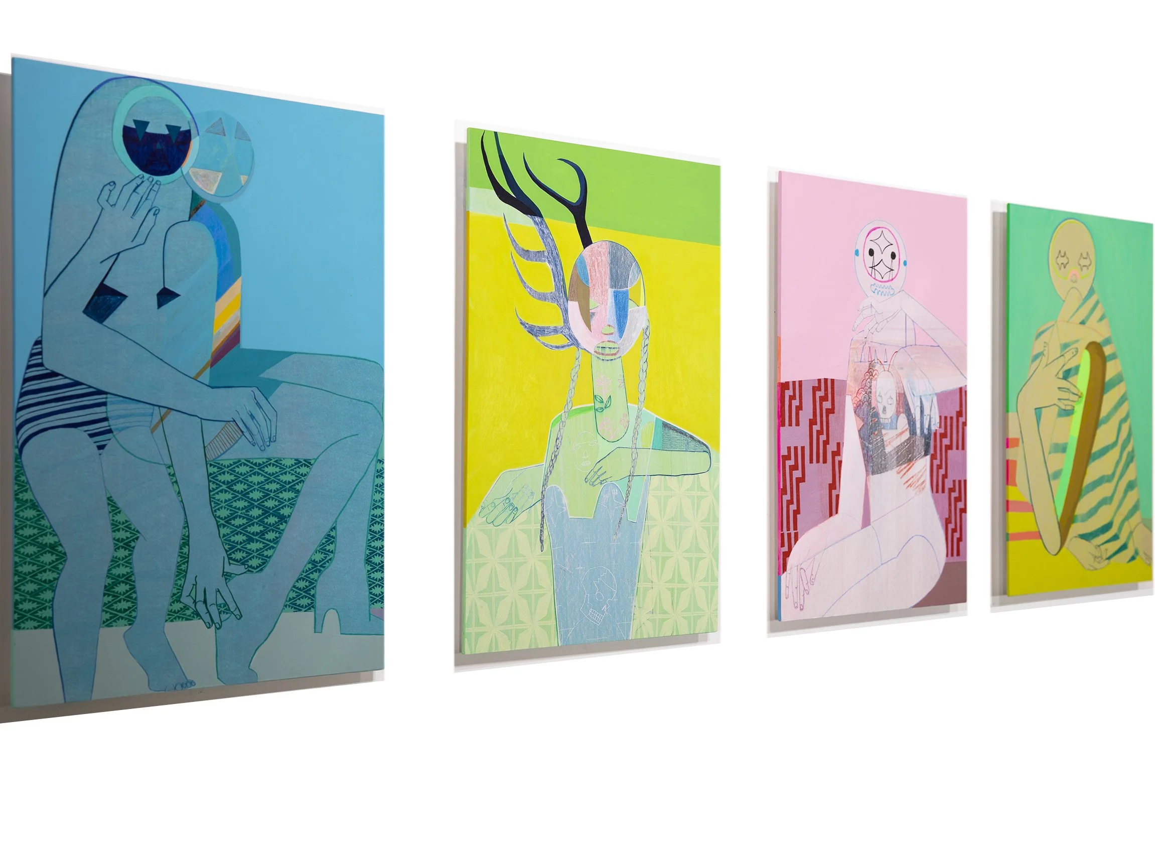 Promise, Born Green, Vex, Crystal Ball, 23" x 16" mixed media on panel