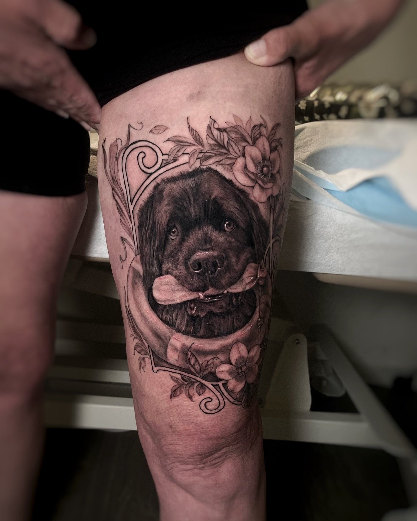 Finished this pet portrait of her Newfoundland water rescue pup that passed recently. Pup and linework is healed and I shaded in the florals today and refined a few things. Thanks for the trust in this Kerri! 
I love being able to really personalize 