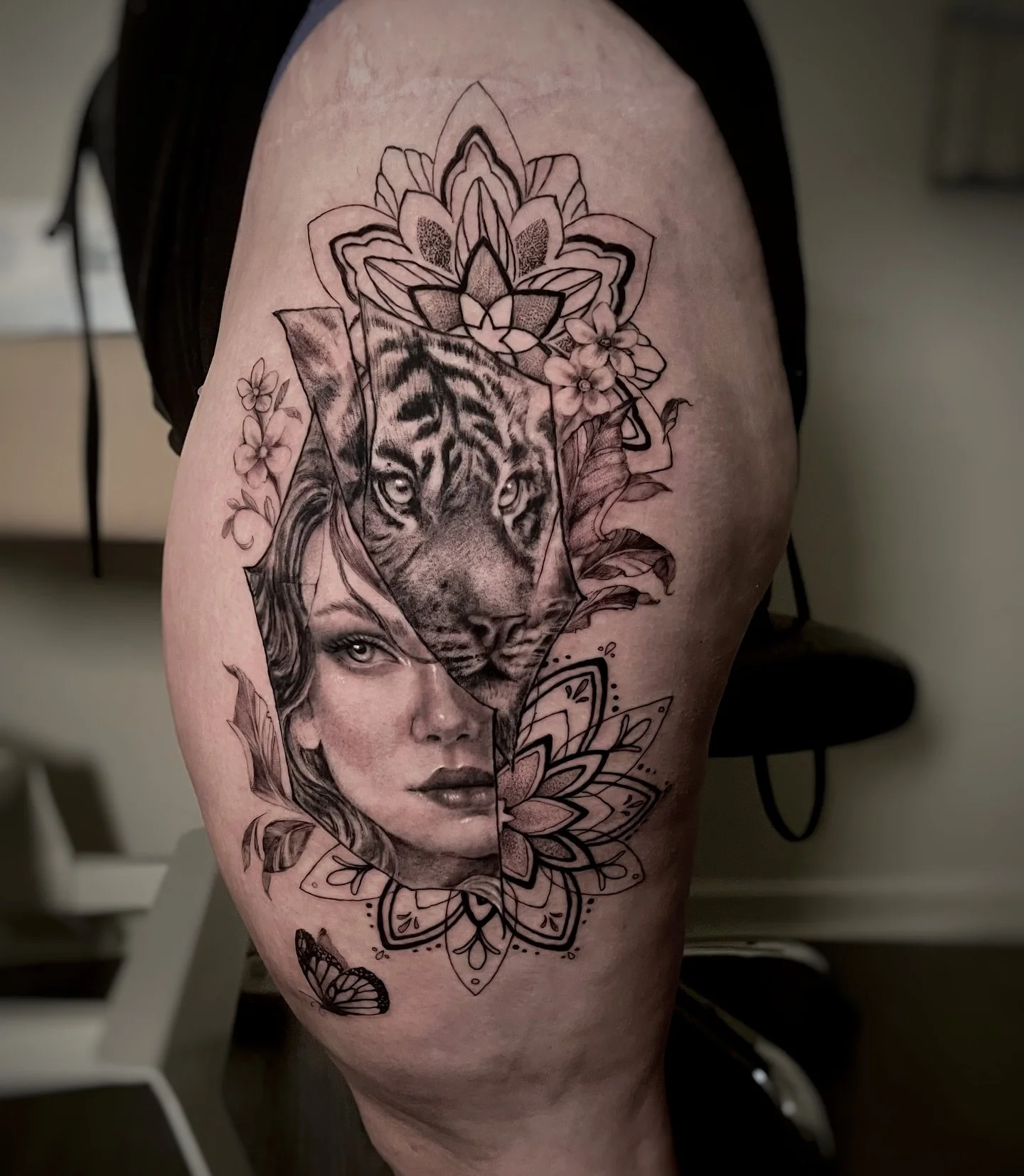 Face and tiger are healed from September. Mandala finished yesterday. Her idea was half lady face, half tiger with delicate mandala designs and then she let me roll with it. It&rsquo;s been awhile since I&rsquo;ve done my classic broken glass pieces 