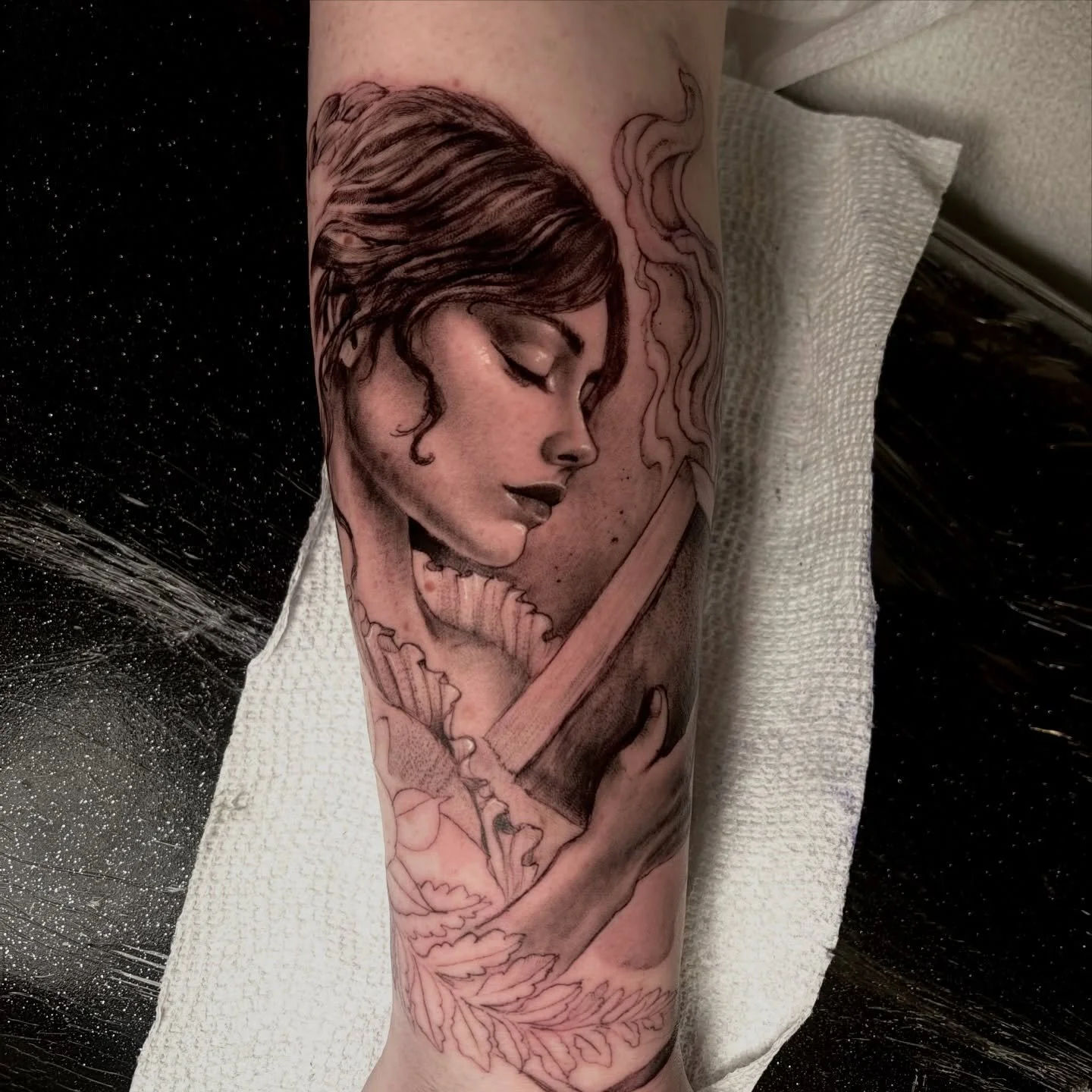 Can&rsquo;t help but post these tattoos in progress as I&rsquo;m so excited about them. Jenessa asked me to design her a peaceful reading lady with some foliage. And we are going to fill the other side of her forearm with some fun stuff too. 
.
.
.
.