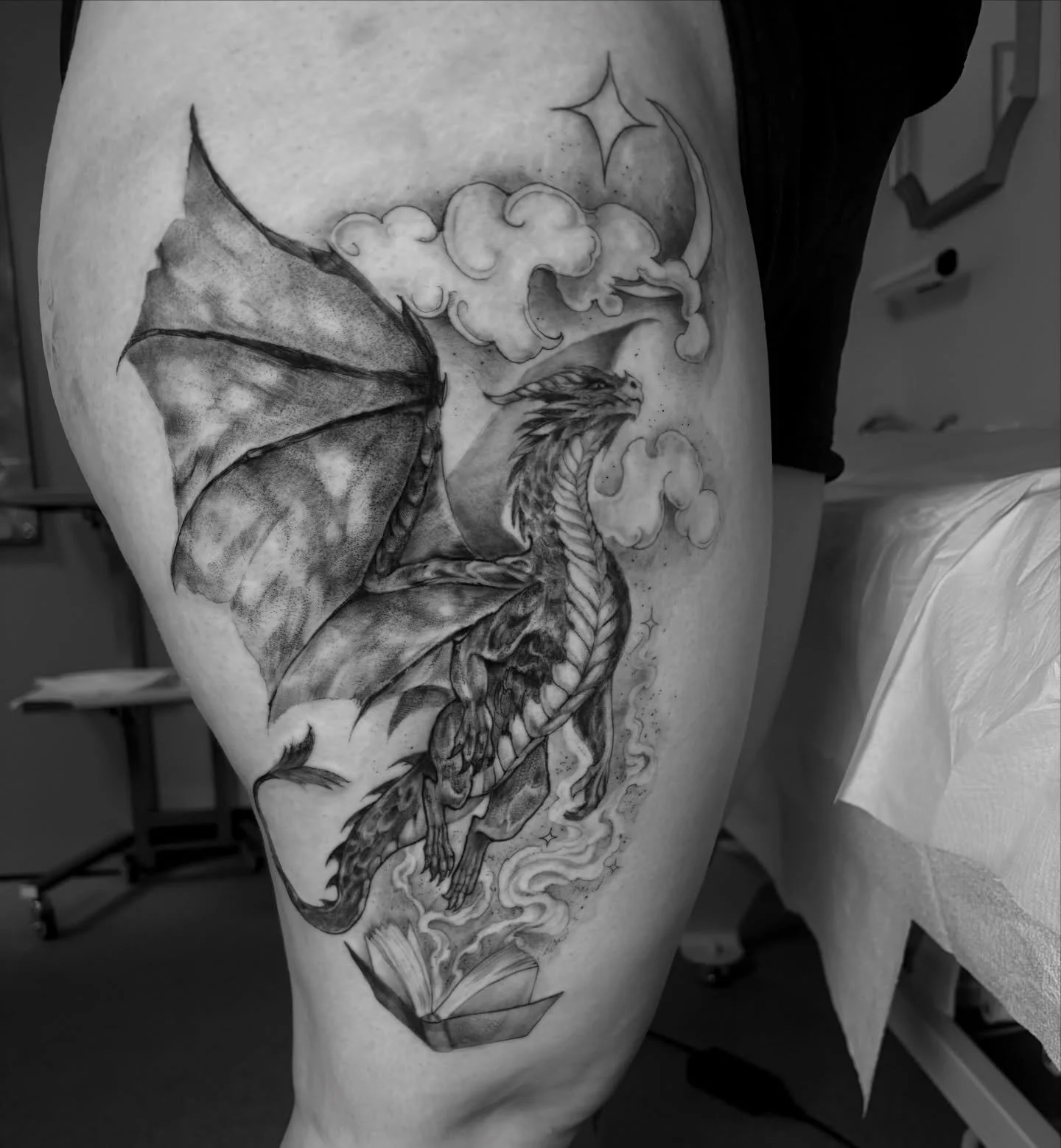 Here&rsquo;s a half healed half fresh one I never posted because it was super red, but that&rsquo;s what black and grey is for. 
Books are still open and I have room for about 30 more large tattoo entries for 2027! Follow link in bio to submit. 
This