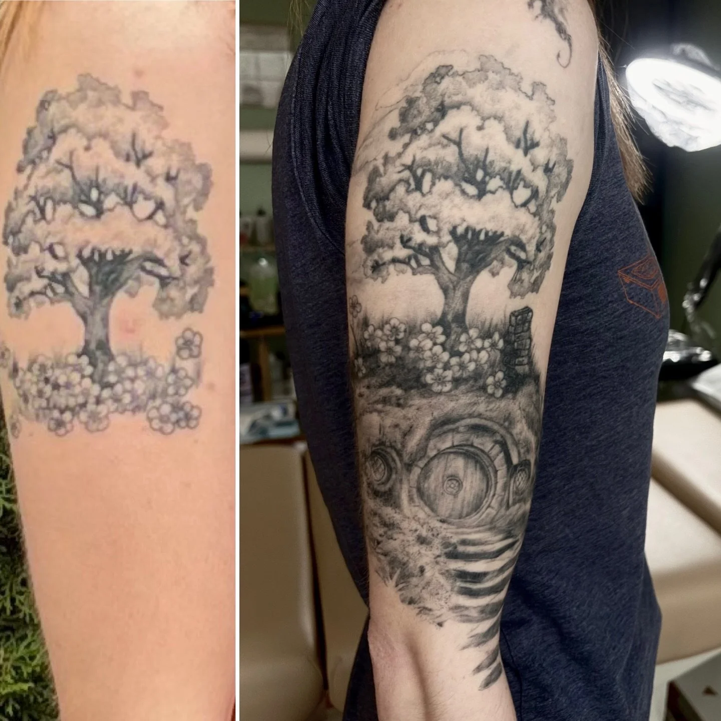 Here&rsquo;s a fully healed hobbit hole I added to a floating tree tattoo Abbey had by another artist. The tree was beautifully done, I didn&rsquo;t even touch it. But the flowers were a bit random for the placement, but it managed to work perfectly 