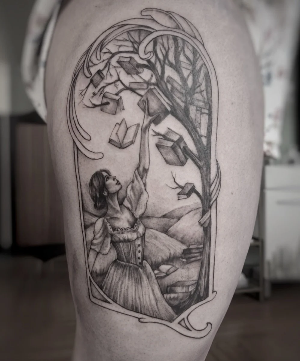 Heres &lsquo;a a flash piece I designed awhile ago that I got to do. A kind of whimsicle Belle goes to wonderland (or does a bunch of psychedelics. Is she taking books off a book tree? Is she making a book tree? Only she can answer these questions). 