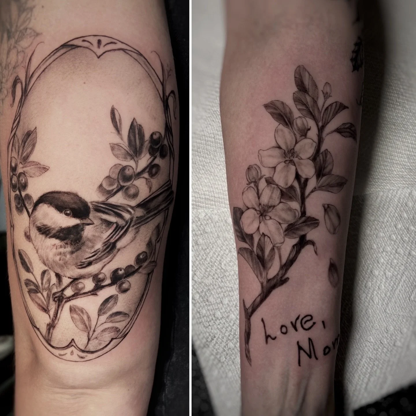 Here are two tattoos I got to do today. The first one Maddie, who filled a cancellation and told me as usual I can do what I want and I told her to give me some animals for ideas.
The second one Nancy who has been very patiently waiting for me to do 