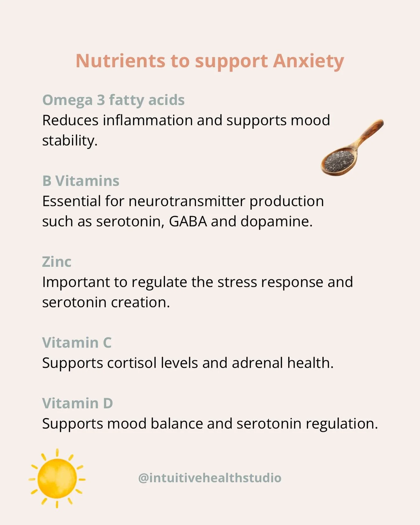 To help reduce anxiety you need to nourish your body with the right nutrients 🍎

Omega 3 fatty acids, Vitamin C, Vitamin B, Vitamin D and Zinc are some of the nutrients that can help with the regulation of the nervous system. 

Need further support?