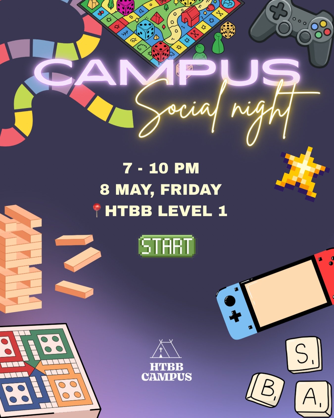 It&rsquo;s Campus Social Night this Friday! 

Unwind, connect, and just have fun with us! We&rsquo;ve got board games, card games, and a Nintendo Switch ready for you! 😎 But feel free to bring your own board/ card games too 🤩 

🗓️ 8 May 2026 
⏰ 7P