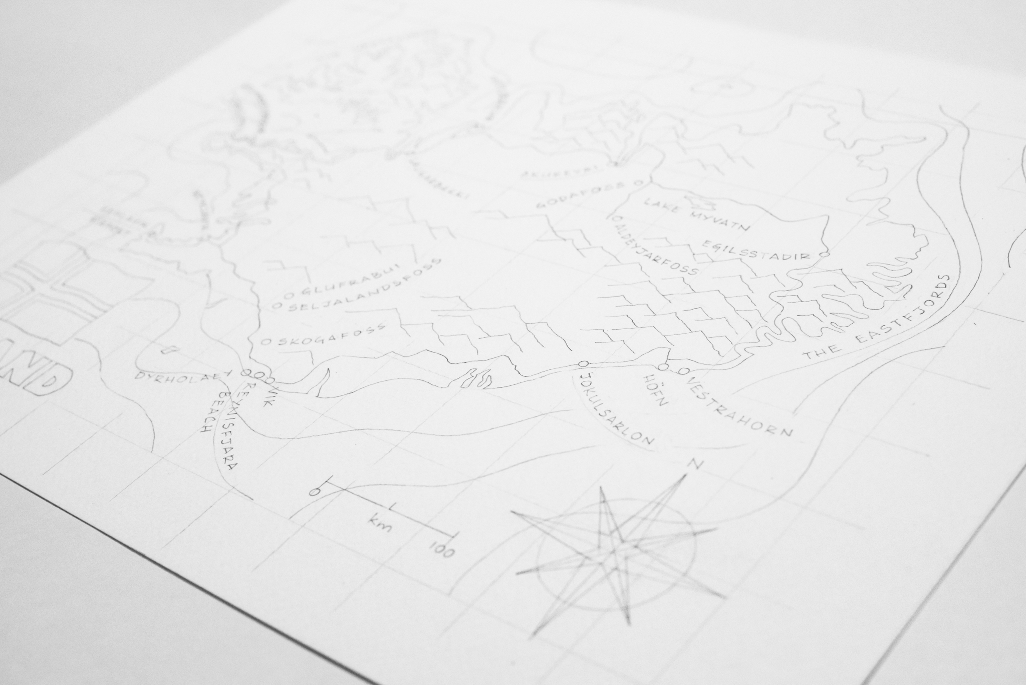 Next, I added the places we visited along the way, as well as some features to make the map more interesting. I also pencilled in some depth contours in the ocean to add more character.