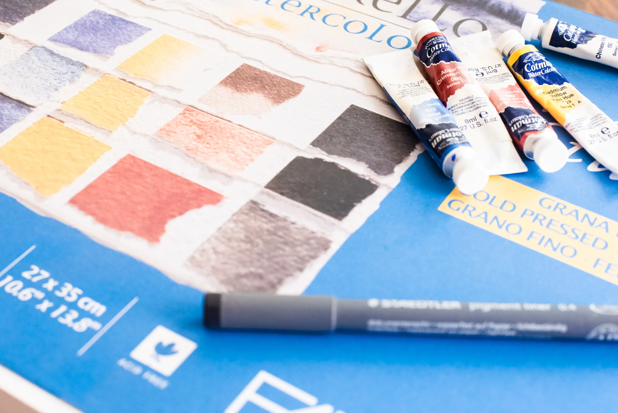 I used heavy (300 gsm) cold-pressed, fine-grain, acid-free paper for the watercolours