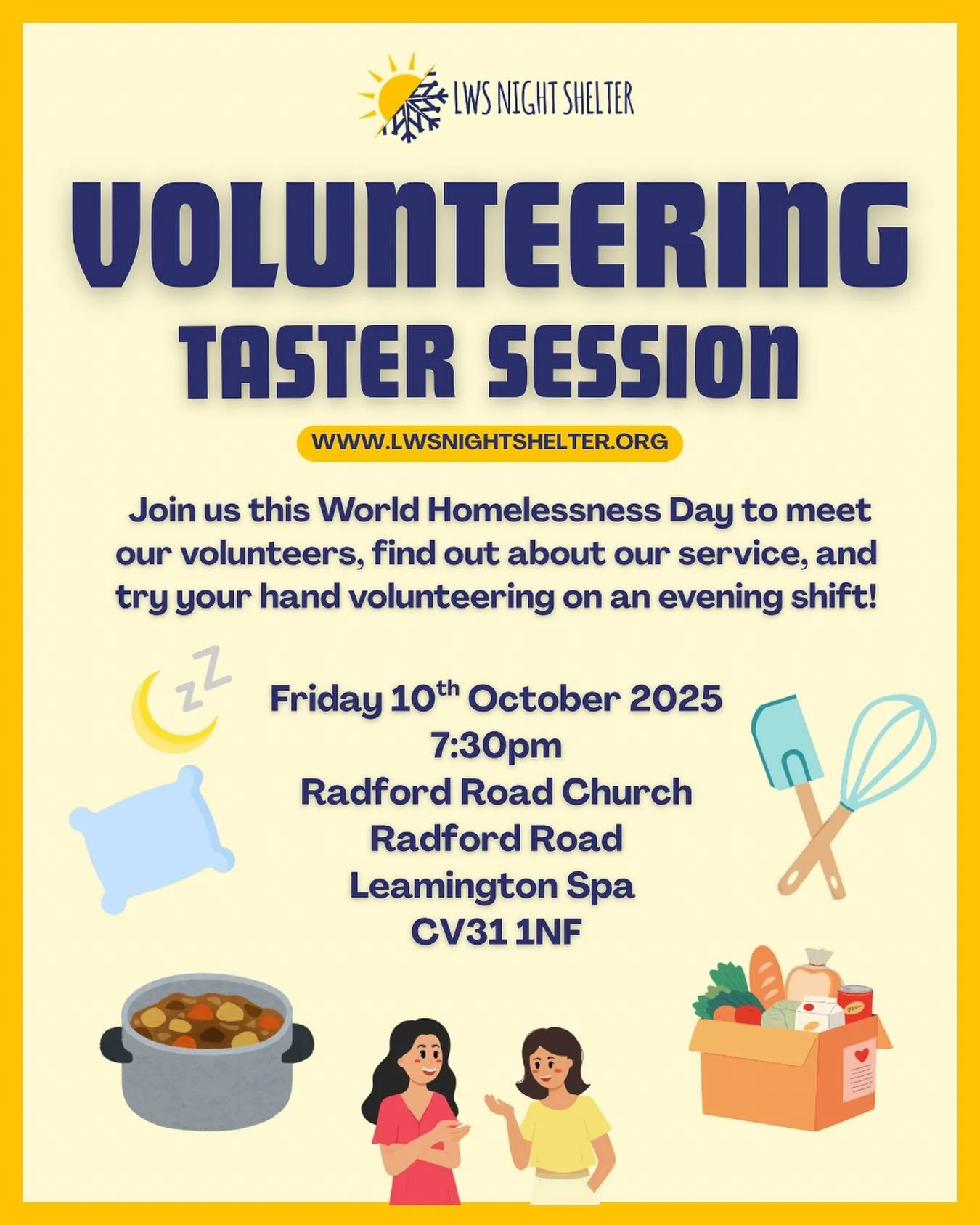 🌟 TOMORROW! 🌟 

Come along and find out more about what we do, and give volunteering a go. 

See you there? 😁 

#worldhomelessday #loveleam #leamrocks #leamingtonspa #leamington #lwsnightshelter #nightshelter #homelessshelter #homelessinleamington