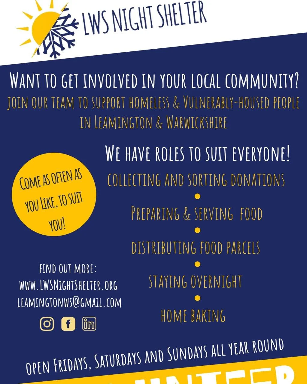 Sadly we will be closed tomorrow evening and overnight (Saturday 28th June) and overnight, and Sunday breakfast (29th June) due to lack of volunteers. 

We will be open as usual tonight (Fri 27th) and for breakfast in the morning. We will be open aga