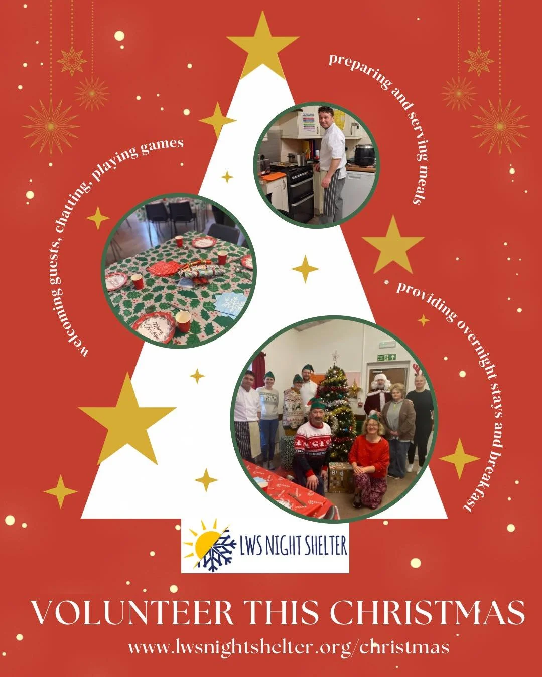 ⭐️ Christmas Volunteering Opportunities! ⭐️

Could you donate some of your time this Christmas to help bring some festive cheer to our guests? At LWS Night Shelter we support people experiencing homelessness or who are vulnerably-housed, many of whom