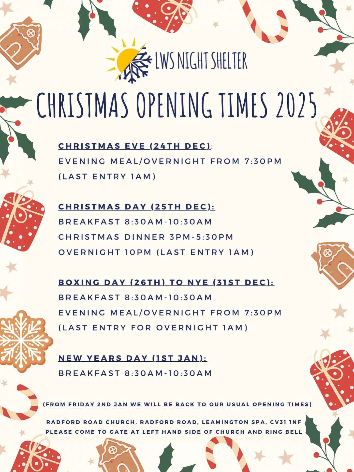 We can now announce our extended opening times for our guests this Christmas! ✨🎄🎁

We&rsquo;re so excited to be able to provide our usual service every day from Christmas Eve until New Year&rsquo;s Morning 🌟

We do still need some more volunteers 