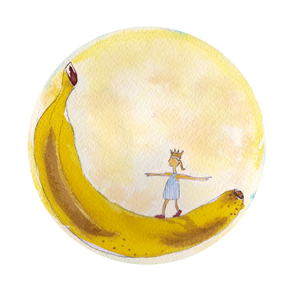 Watercolor illustration of a girl with a crown balancing on a banana, with a large, glowing, yellow full moon in the background.