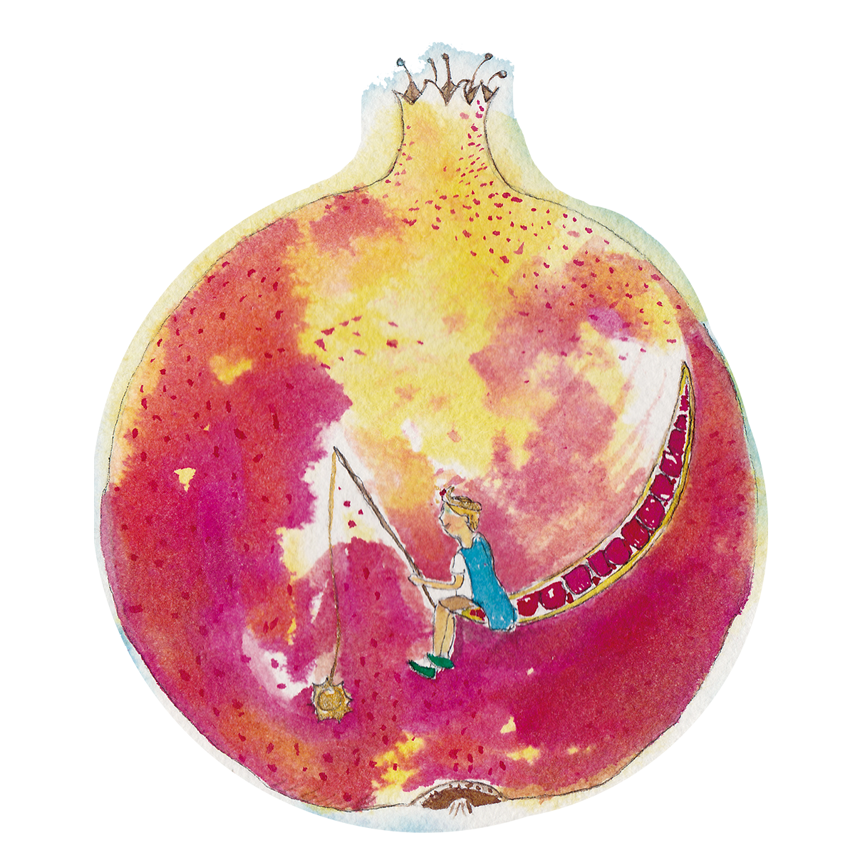 A watercolor illustration of a large peach with a person sitting on the edge, fishing into a pit in the peach's interior. The person is wearing a blue dress and green shoes, with the peach's interior showing red and yellow colors.