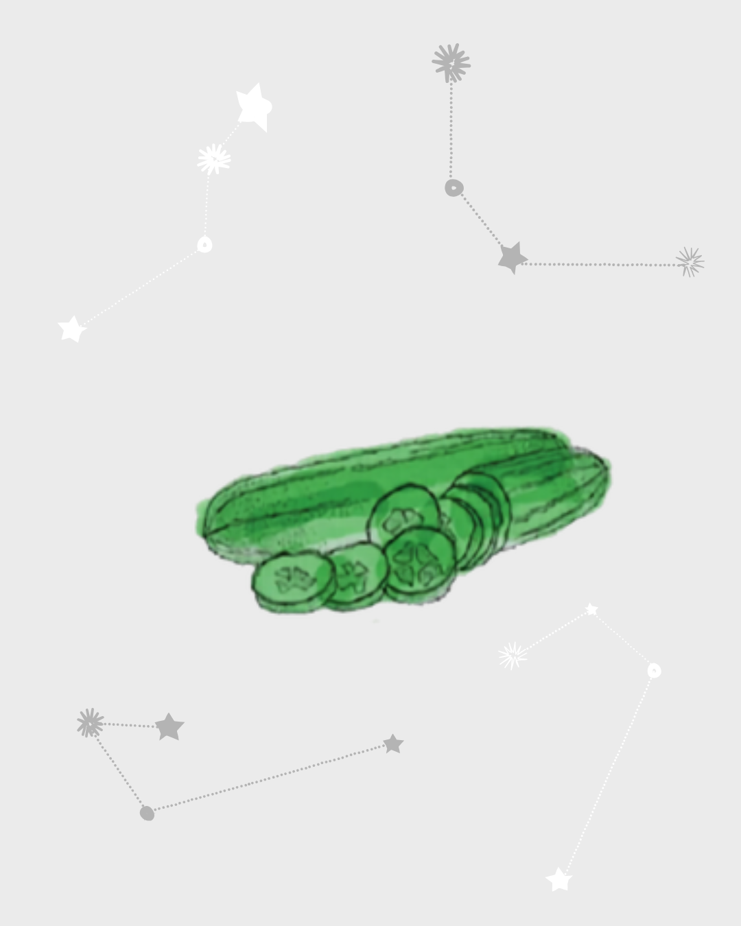 A soft watercolor illustration of a whole green cucumber alongside several fresh slices. The drawing has a soft, textured feel and is placed on a light grey background adorned with whimsical white star constellations.