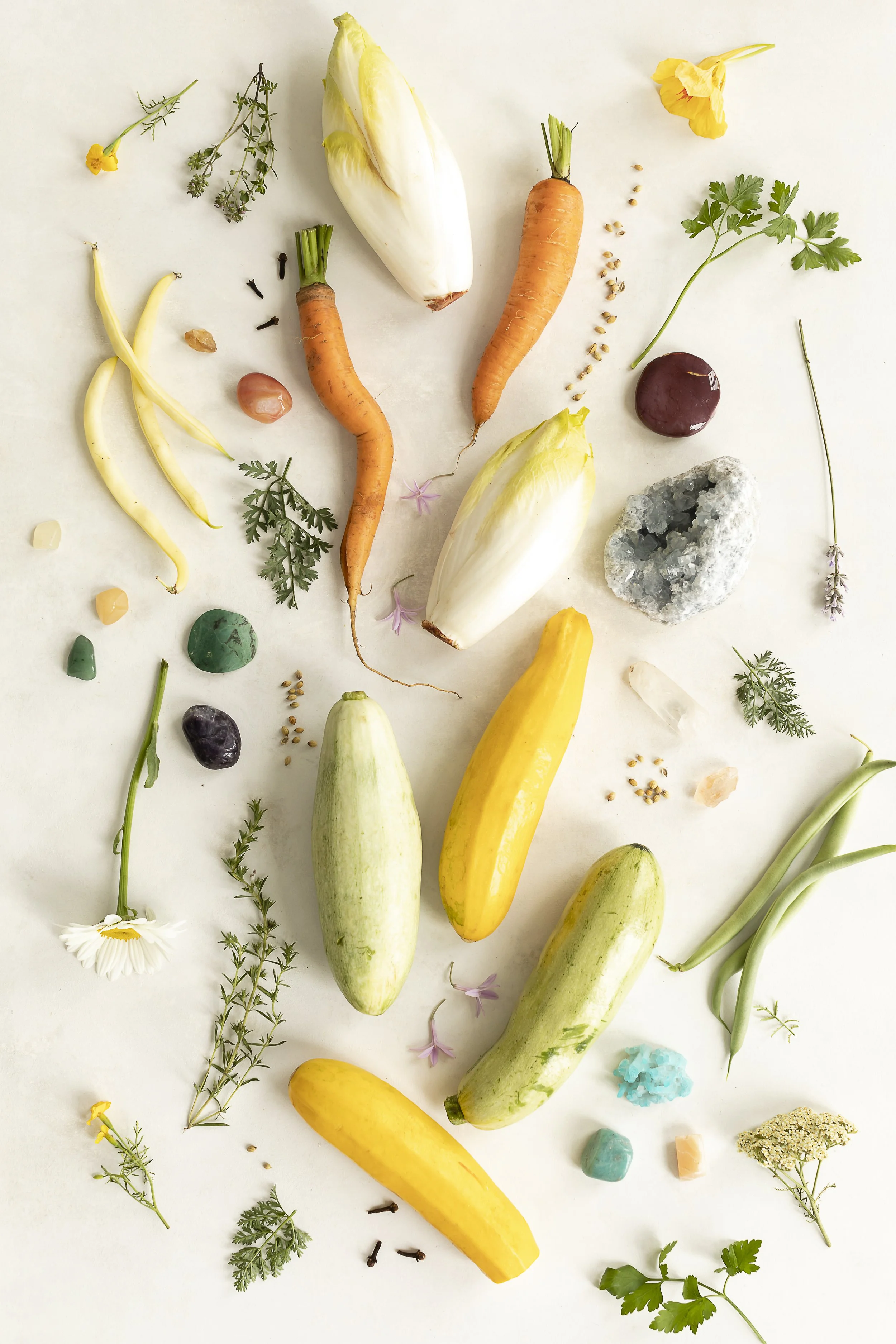 Flat lay of fresh vegetables, herbs, flowers, and crystals arranged on a light background to represent holistic gut health and nutrition.