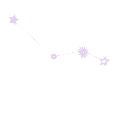 A simple illustration of a constellation with a star, a moon, a flower, and a star-shaped object connected by dotted lines.