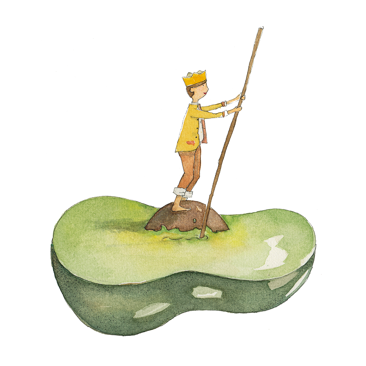 Illustration of a woman wearing a crown and yellow coat standing on a small grassy floating island, holding a tall stick and looking out.