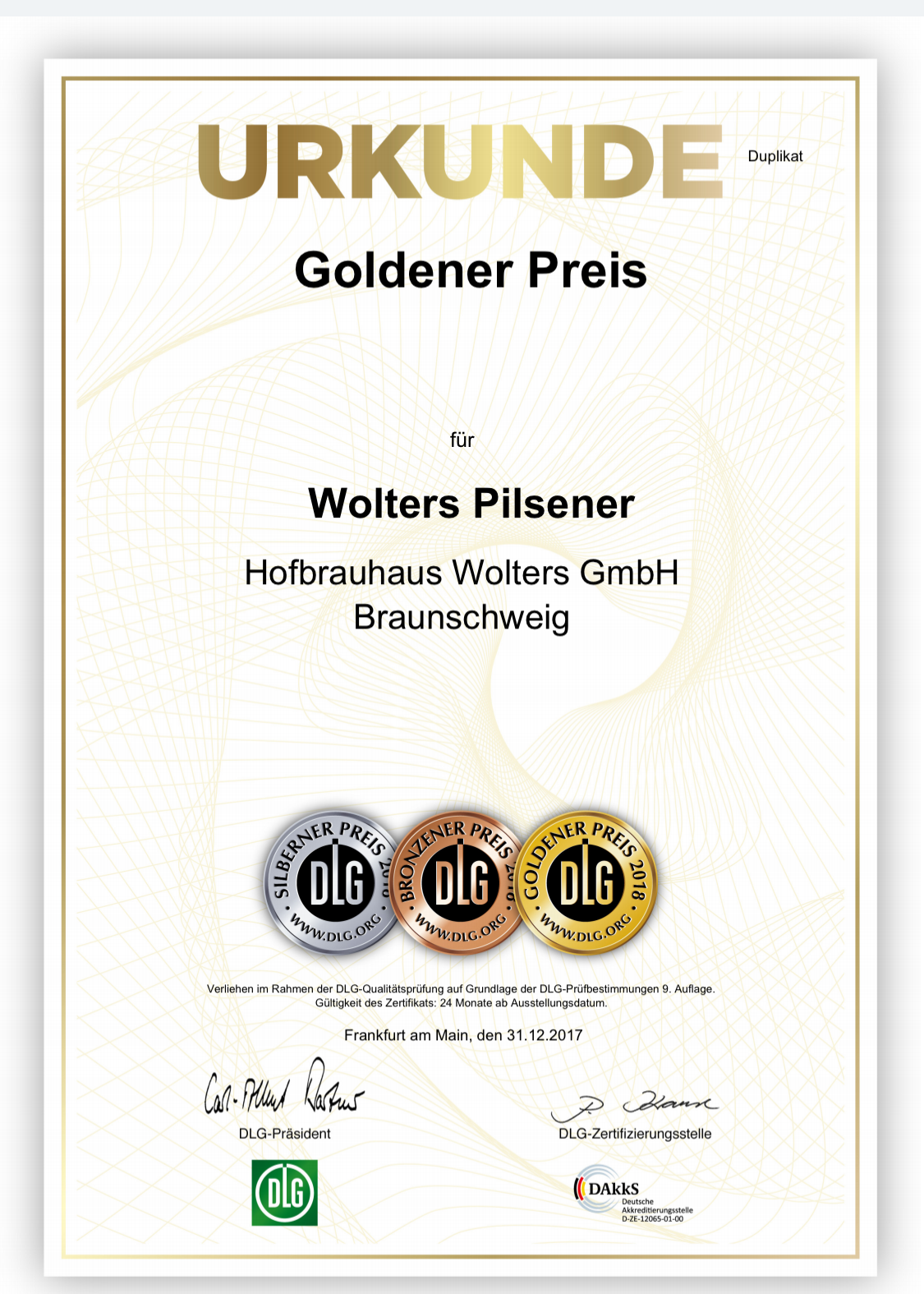 Wolters Pilsener DLG Gold
