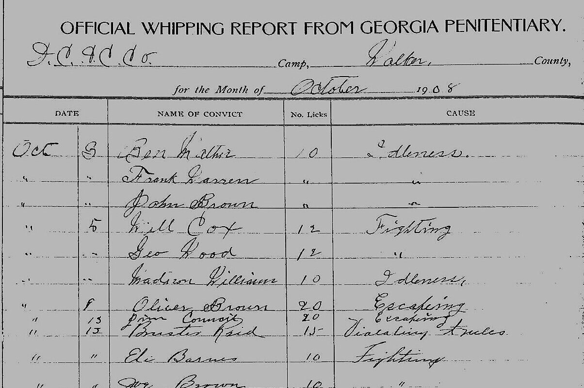 Official Whipping Report of Convicts at the Durham Camp 