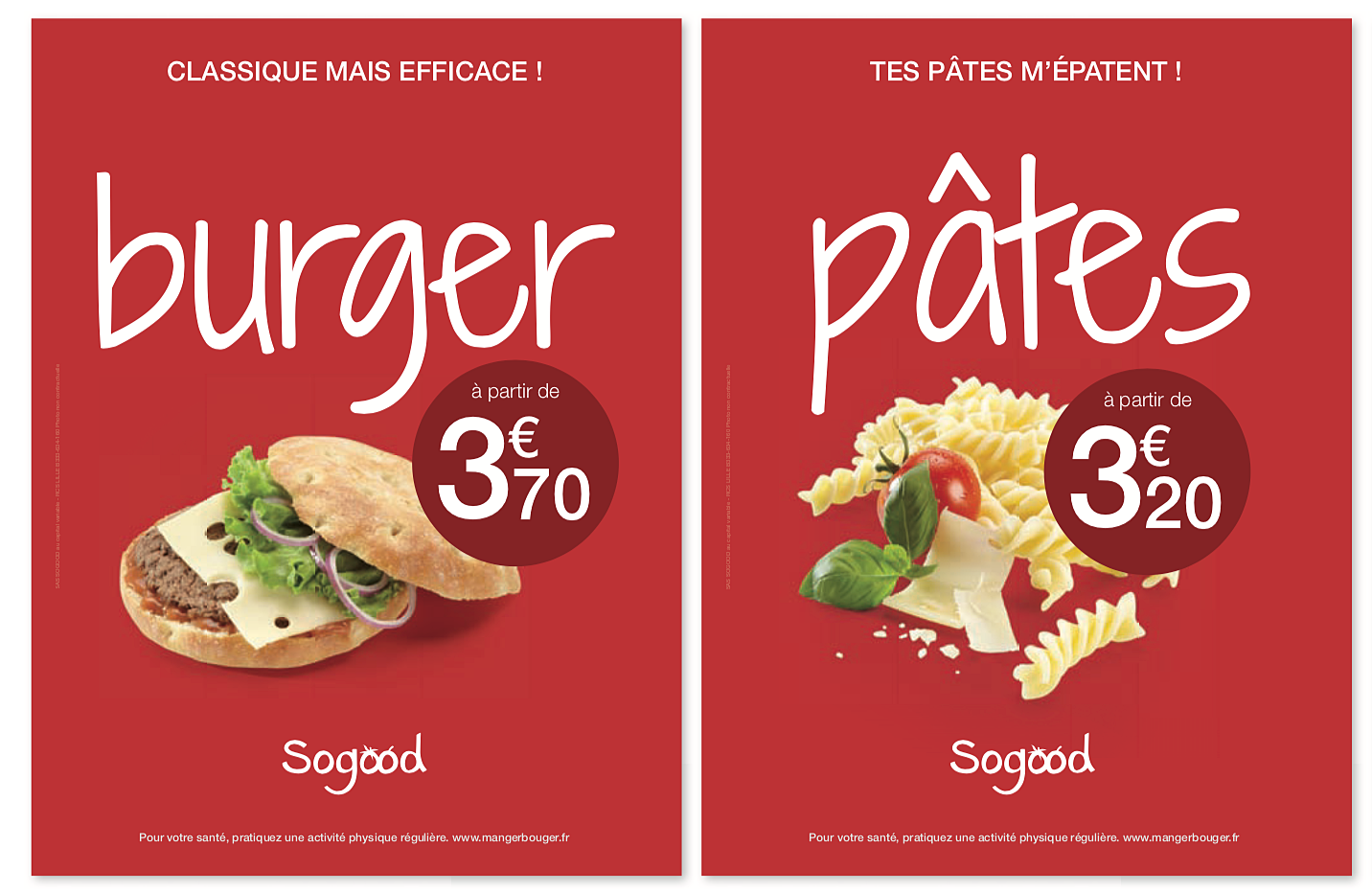 Affiche institutionnelle pour la zone repas chaud : couleur bien marquée - titre clair - phrase ludique - produit brut - pastille prix bien visible