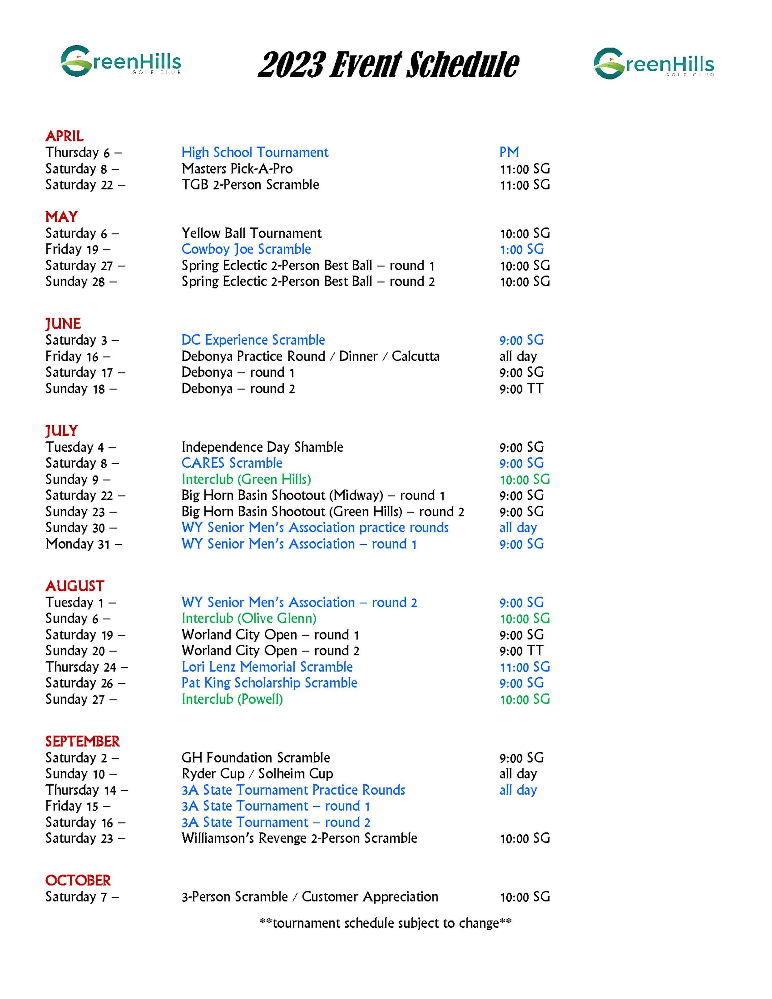 Green Hills Golf Club 2023 Event Schedule as NEW WTS Chamber