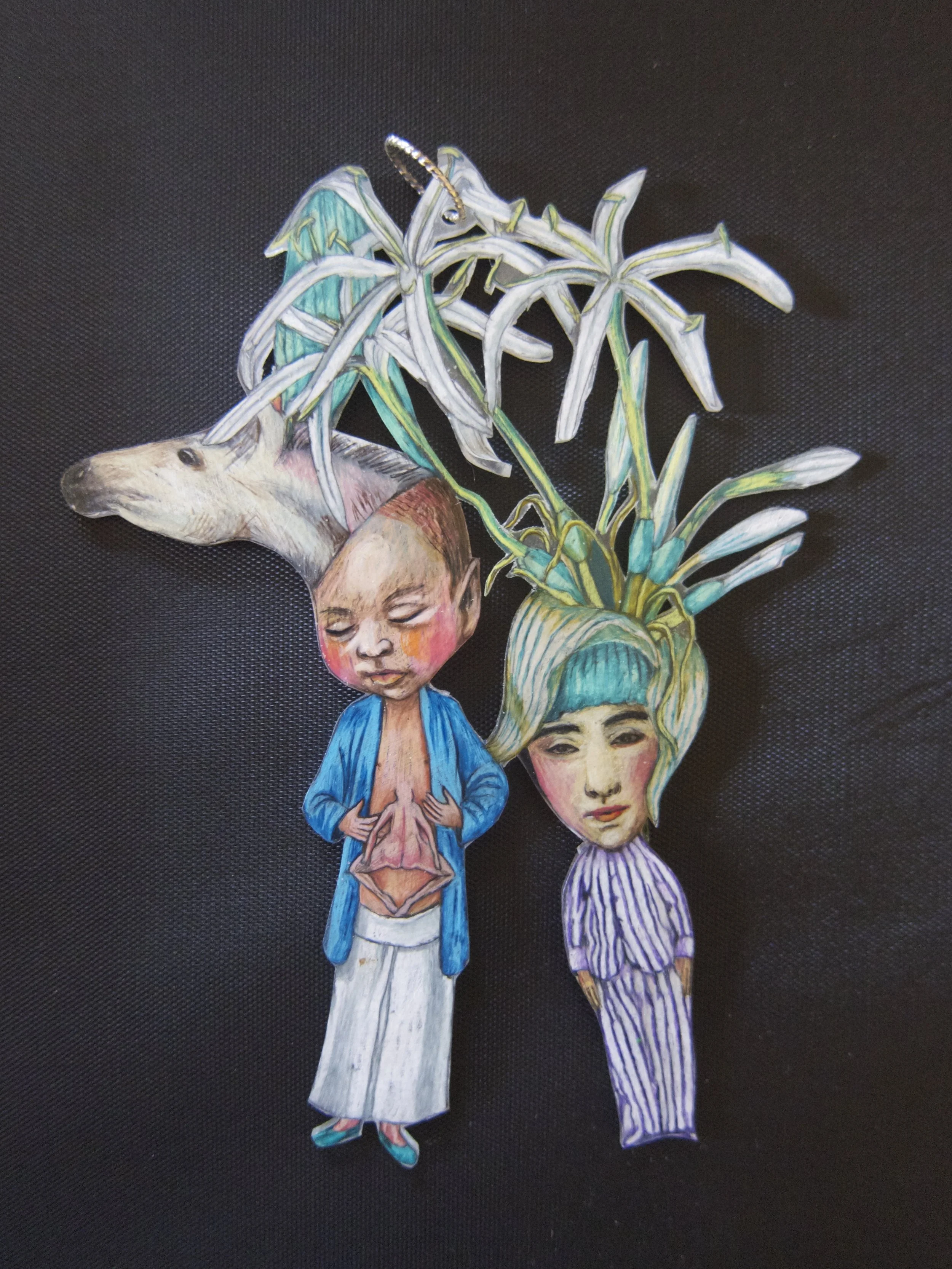 Three Twins - shrink film, colored pencil
