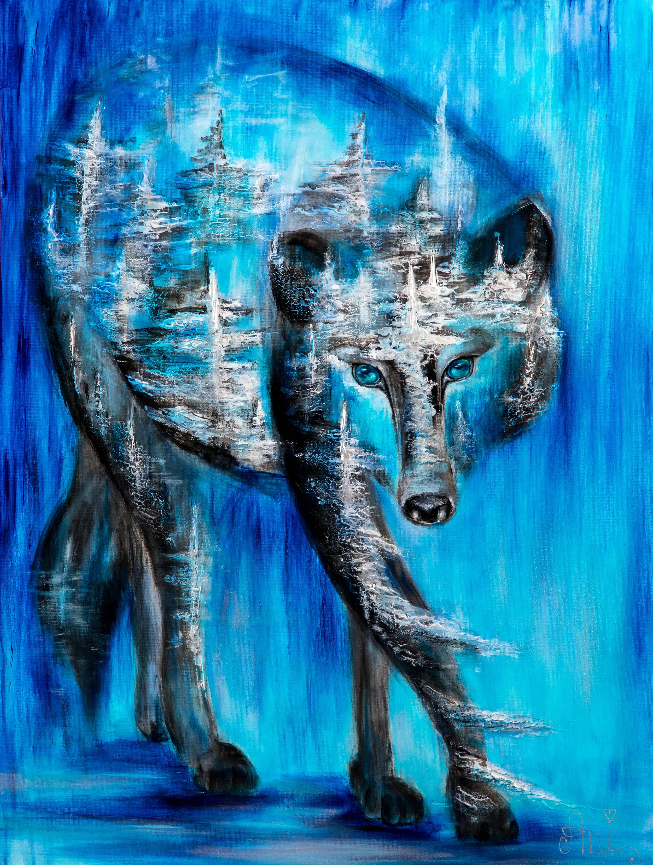 Le loup de la forêt: Peinture acrylique sur toile 3D, 100cm x 75cm Prix: 1100€ + frais de livraison
