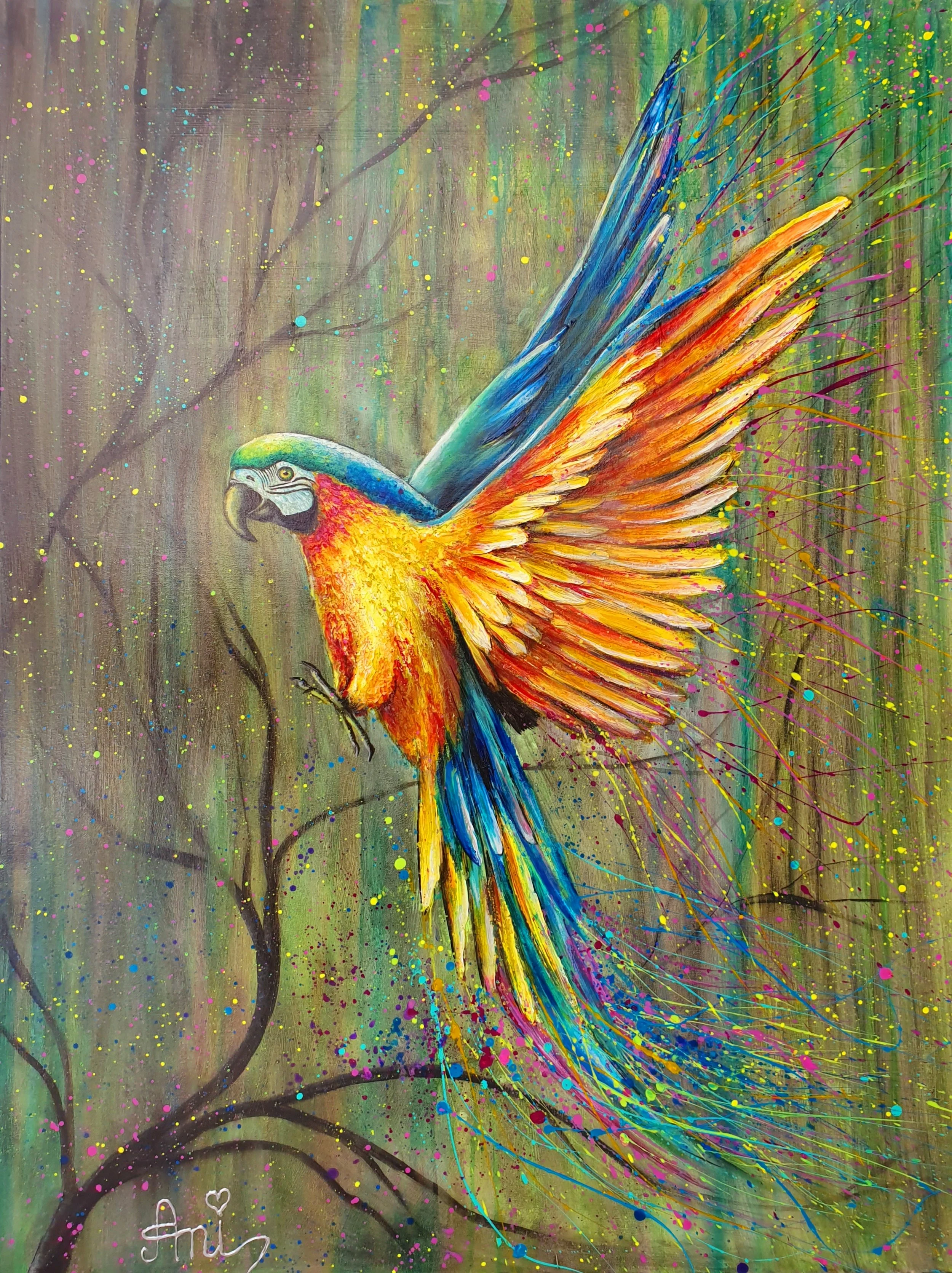 L’envol du perroquet: Peinture acrylique sur toile 3D, 100cm x 75cm Prix: 1200€ + frais de port