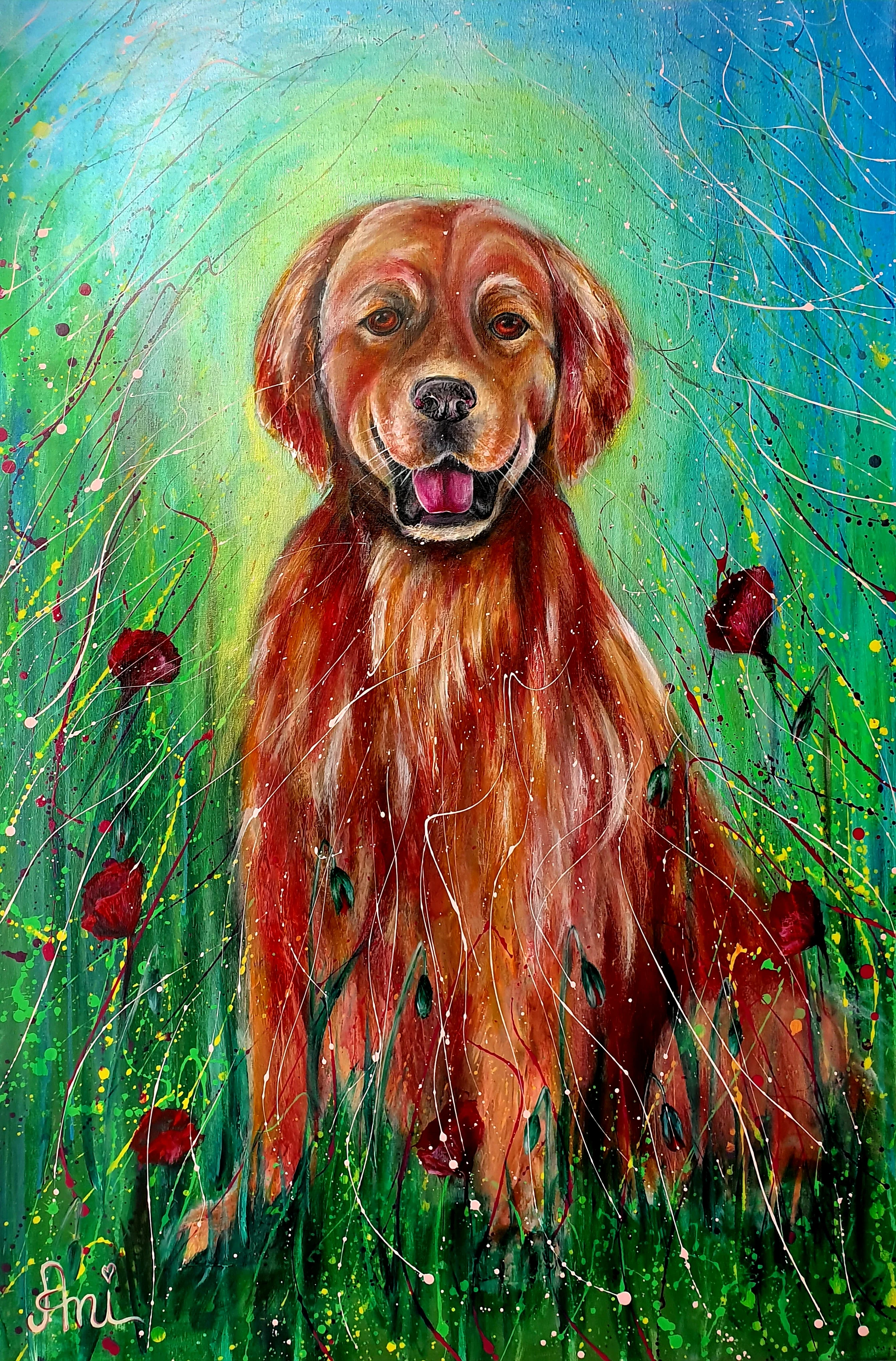 Le chien heureux: Peinture acrylique sur toile, 115cm x 75cm Prix: 1250€ + frais de port