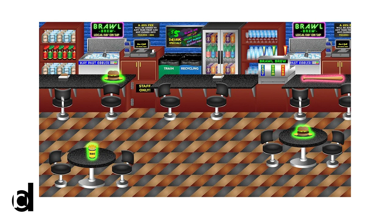   Game Stage Concept | 2025   A bar stage designed for a game concept. [Adobe Illustrator and Photoshop] 