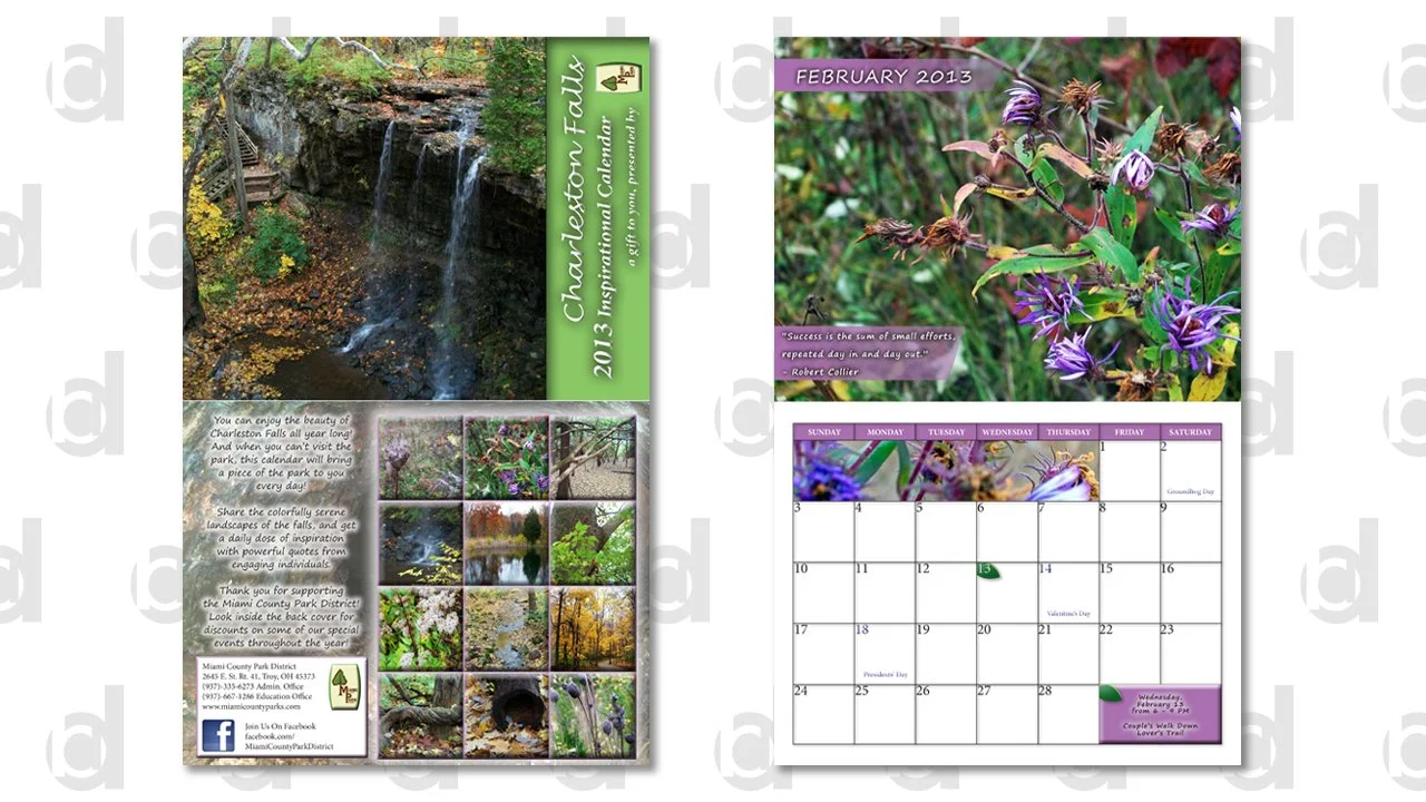   Class Project: Charleston Falls 2013 Calendar (Front, Back, and February) | 2012  Adobe InDesign, Illustrator and Photoshop | Photos from my collection 