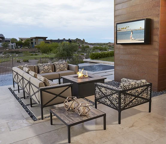 Creighton contemporary wrought iron cushion sectional with 42” square propane firepit.