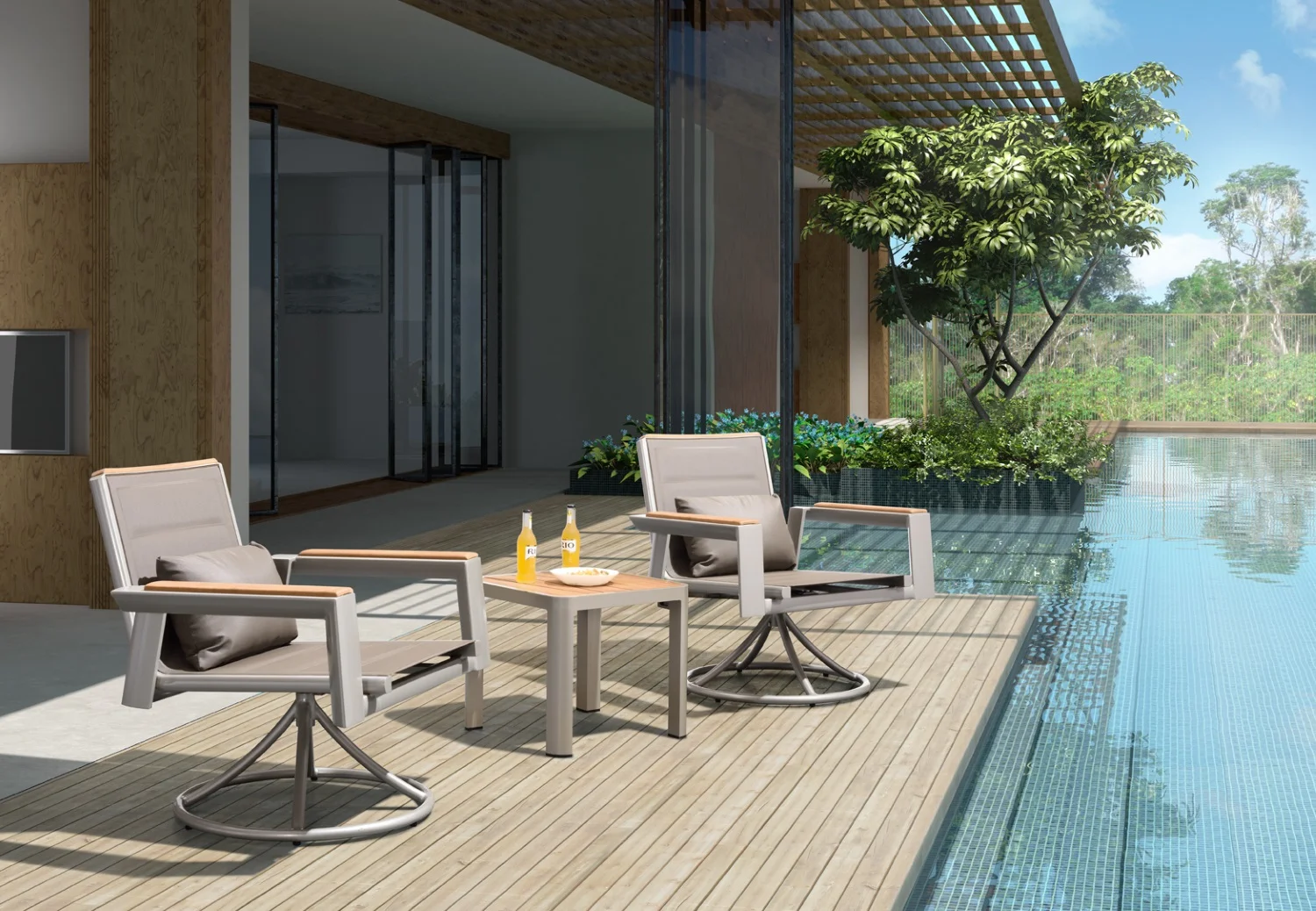 Geneva swivel rocker lounge chairs dry out almost instantly when met with wet bathing suits! Add a teak topped powder coated aluminum side table and it’s a party!