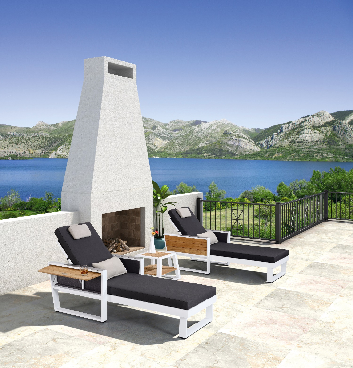 St. Lucia Cushion Chaise with teak top end table.