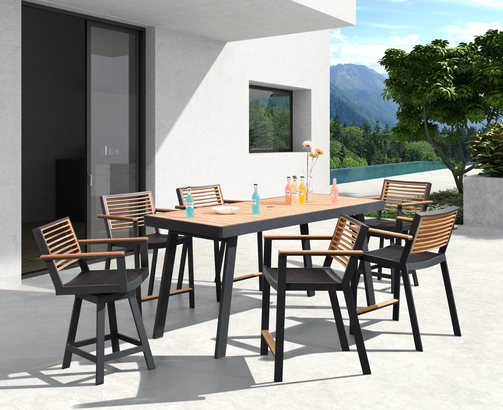 St. Lucia Counter Height powder coated aluminum frame swivel and non-swivel chairs with teak back and arms. Table is counter height with teak top and powder coated aluminum rectangle frame.