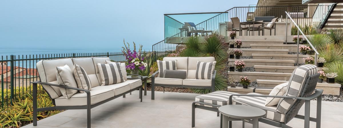 Softscape is for those who want classic yet elegant outdoor furnishings. Brown Jordan is known for creating luxurious outdoor furniture since 1945. Above is shown Softscape sofa, loveseat, lounge chair and ottoman.