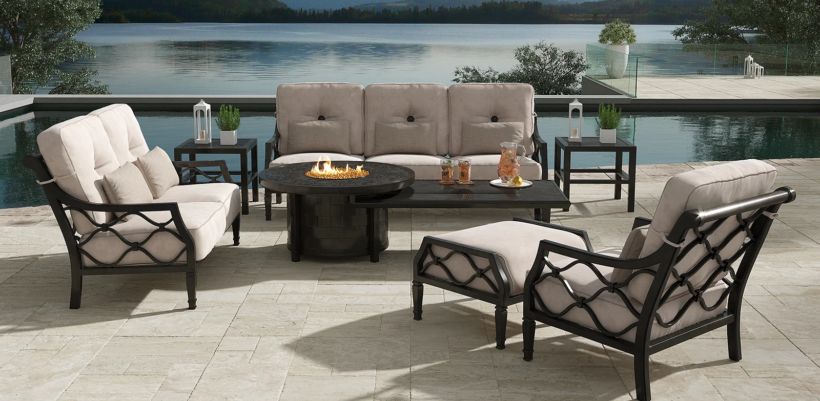 The Villa Bianca Collection is hand-painted and expertly polished. Cushions are tailored with accuracy from performance fabrics to an exacting fit. Picture is Villa Biance Sofa, Villa Bianca loveseat, Villa Bianca lounge chair and Villa Bianca ottoman,