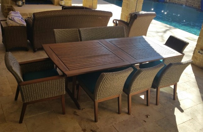 Coral Dining Set with seating for 8. Bunbury Table with 4 Coral Side Chairs, 1 Coral Bench and 2 Arm Chairs. Table and chairs are weather resistant and low maintenance.