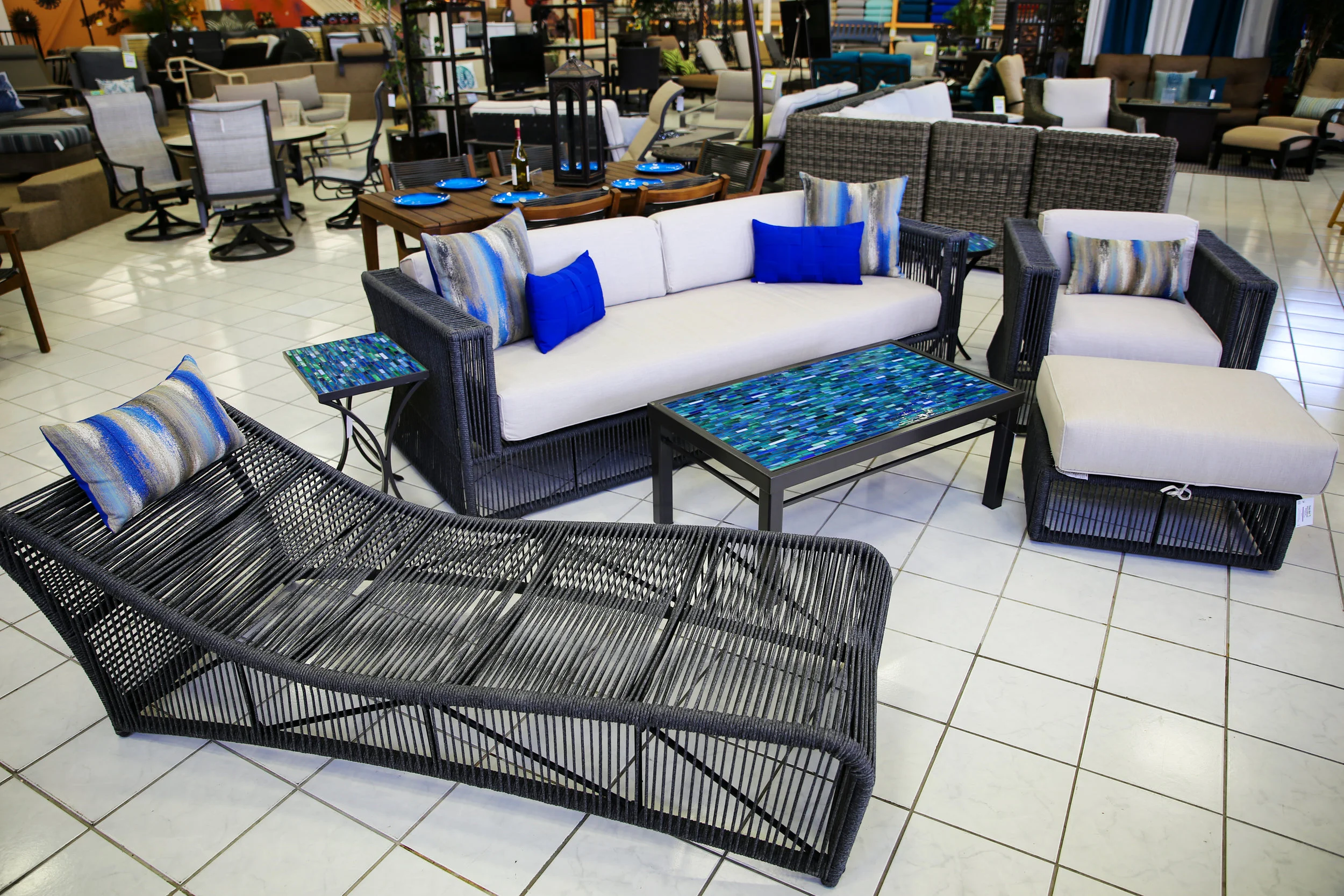 Milano Stock Set with Elaine Smith Pillows and KNF Tables Lounge Chair sofa and Cushionless Chaise