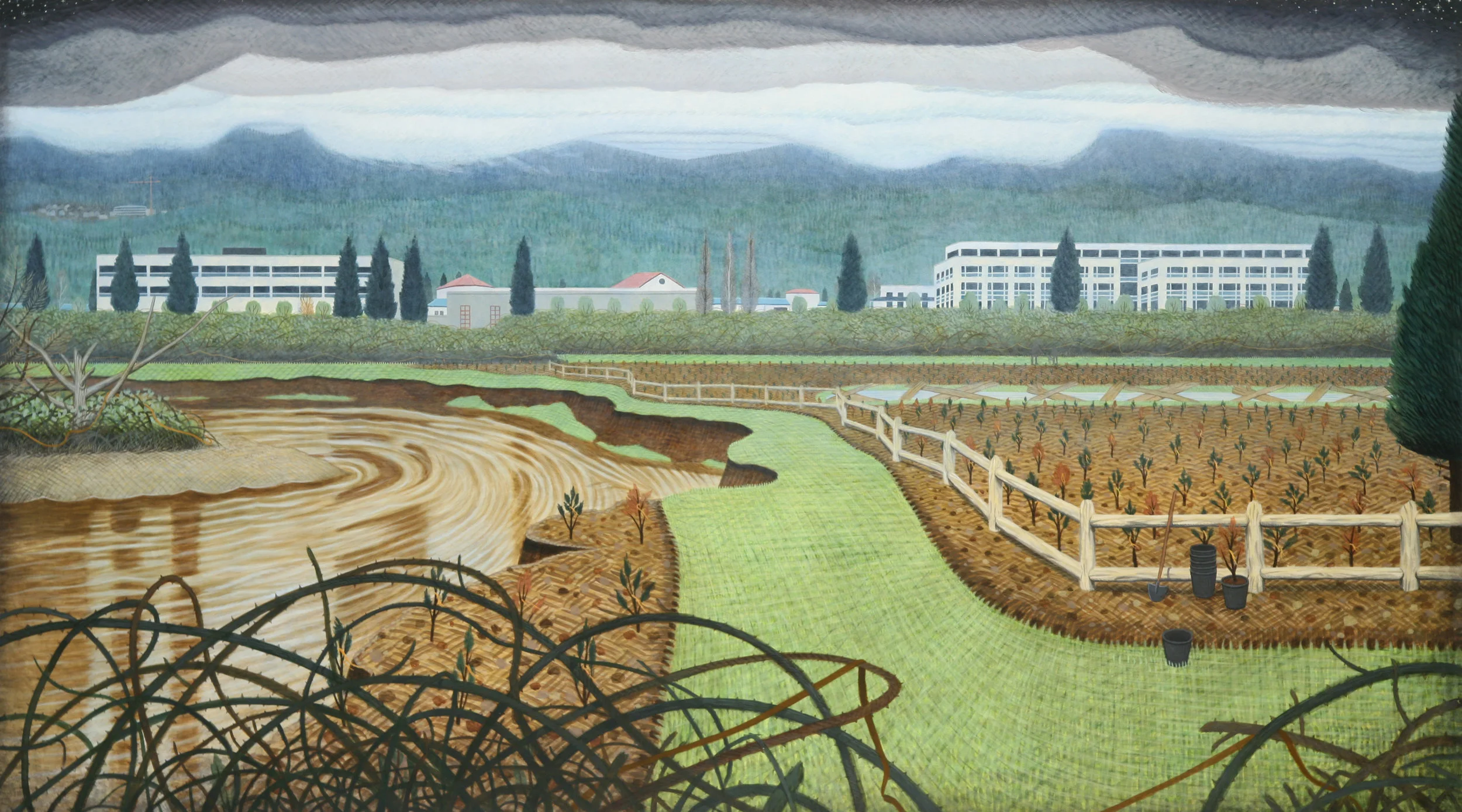Stream Rehabilitation, 2011, 40.5" x 72", egg tempera on panel