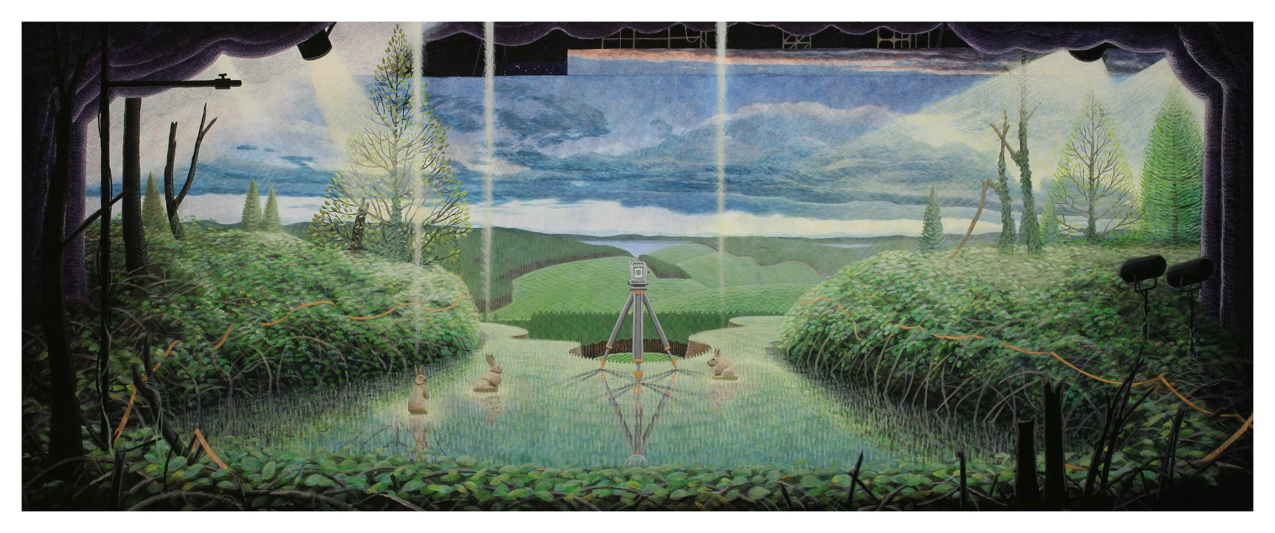 Tripod Theatre, 2015, 18" x 45", egg tempera on panel