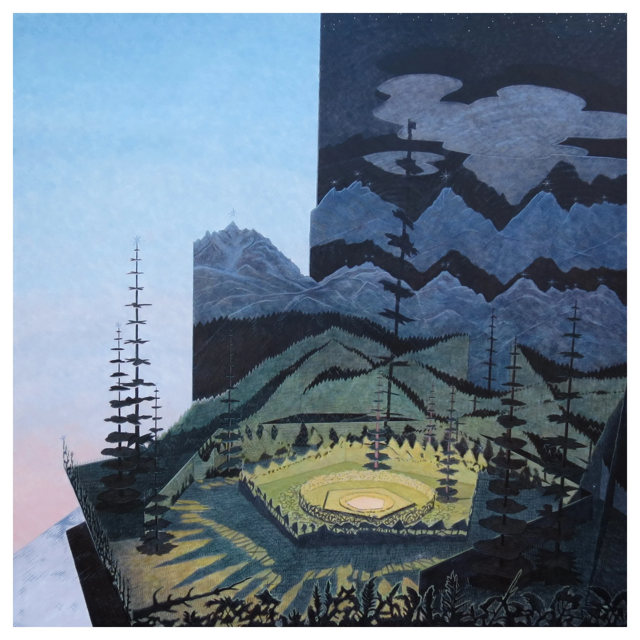 Forest Clearing Construction, 2016, 40" x 40", egg tempera on panel