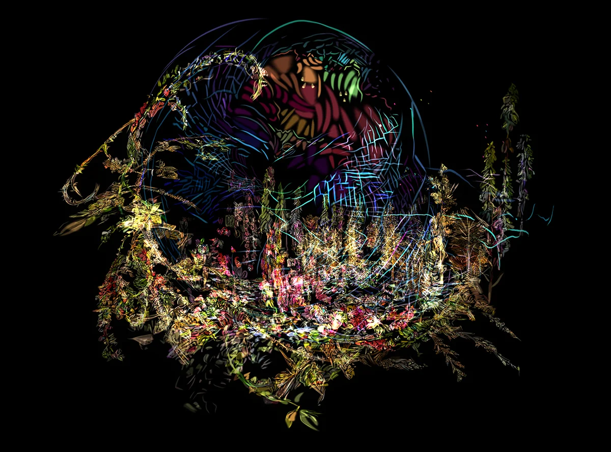 Floral Planes and World Sphere, 2019, 17.75" x 21.75", digital print mounted on lightbox