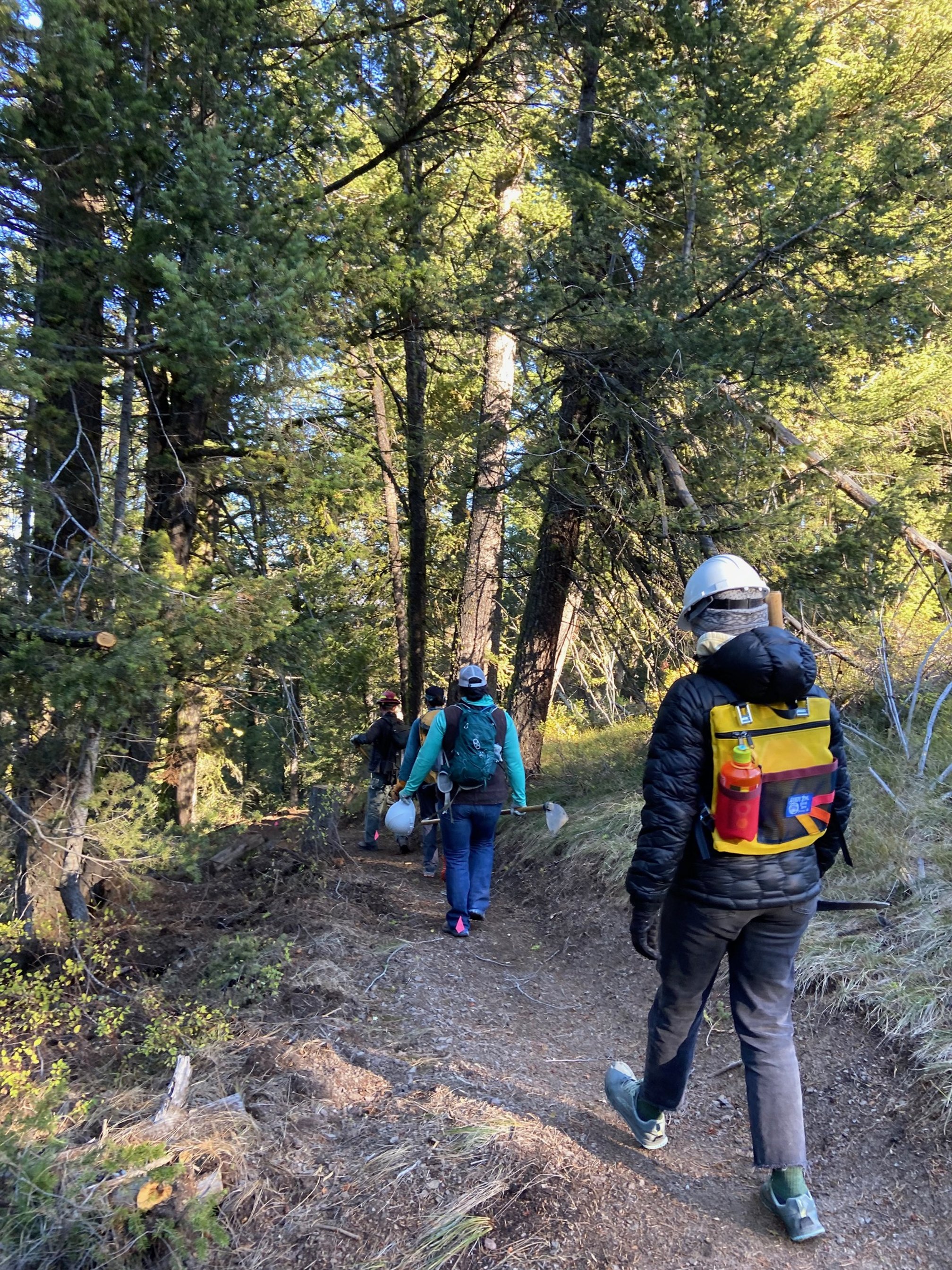 The crew heads up trail to a new reroute section