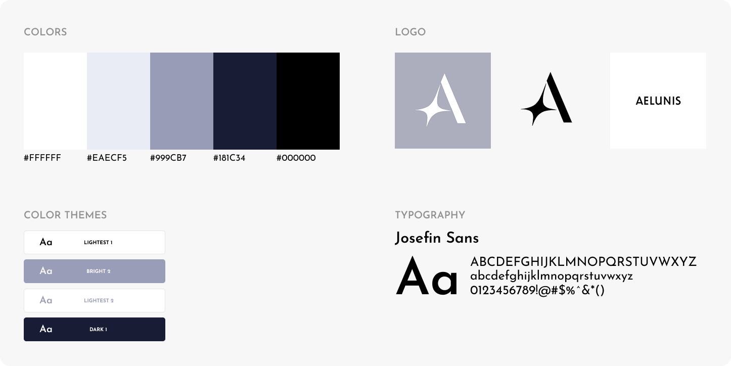 Brand identity guide overview showing color swatches with hex codes, primary and icon logo variations for Aelunis, text theme blocks, and the Josefin Sans typography set.