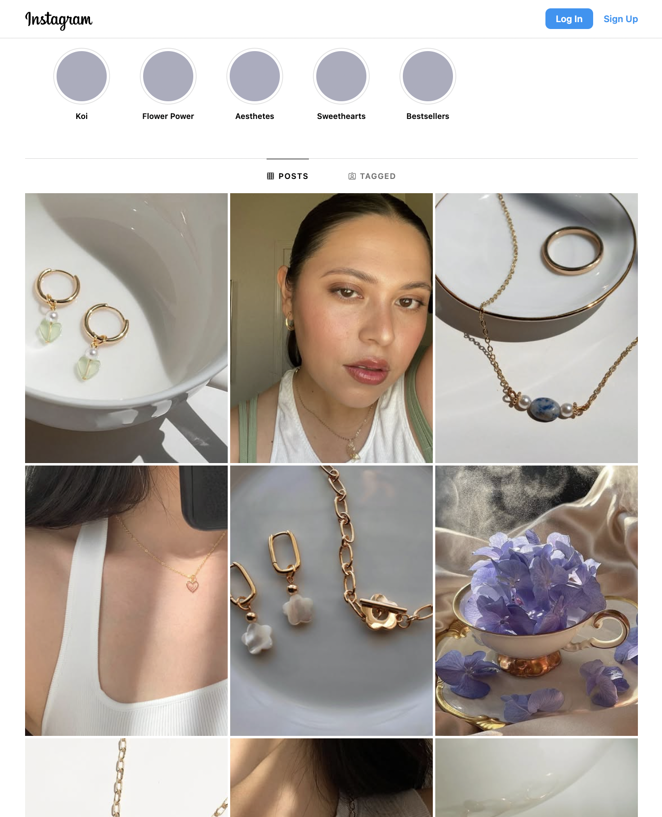 Instagram profile feed grid displaying story highlights and curated post tiles alternating between product photography of gold jewelry and lifestyle mood board images.
