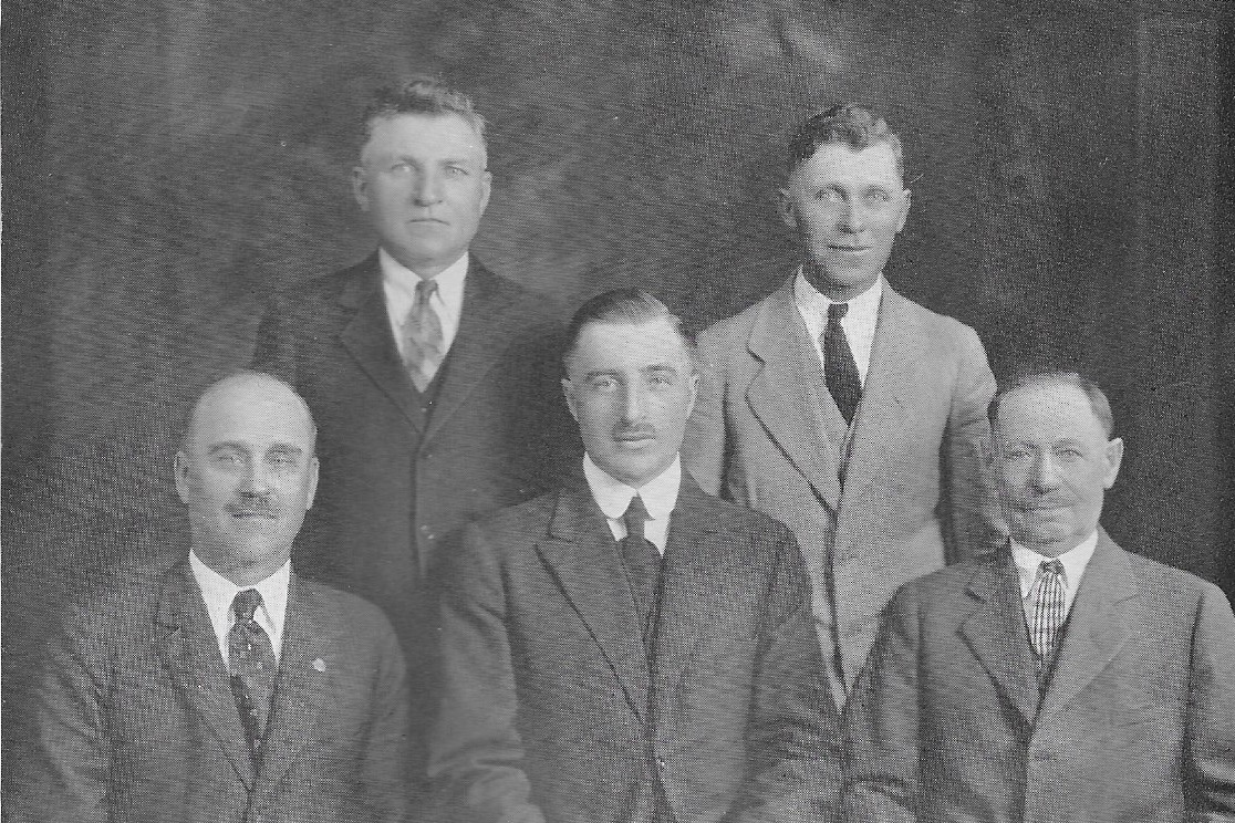 Pictured are founding members of First Reformed Church with Pastor Reitzer in 1929. Clockwise, from top left: Jacob Schlothauer, Conrad Heidel, Conrad Koch, Rev. Wm. Reitzer, and John Schneider.