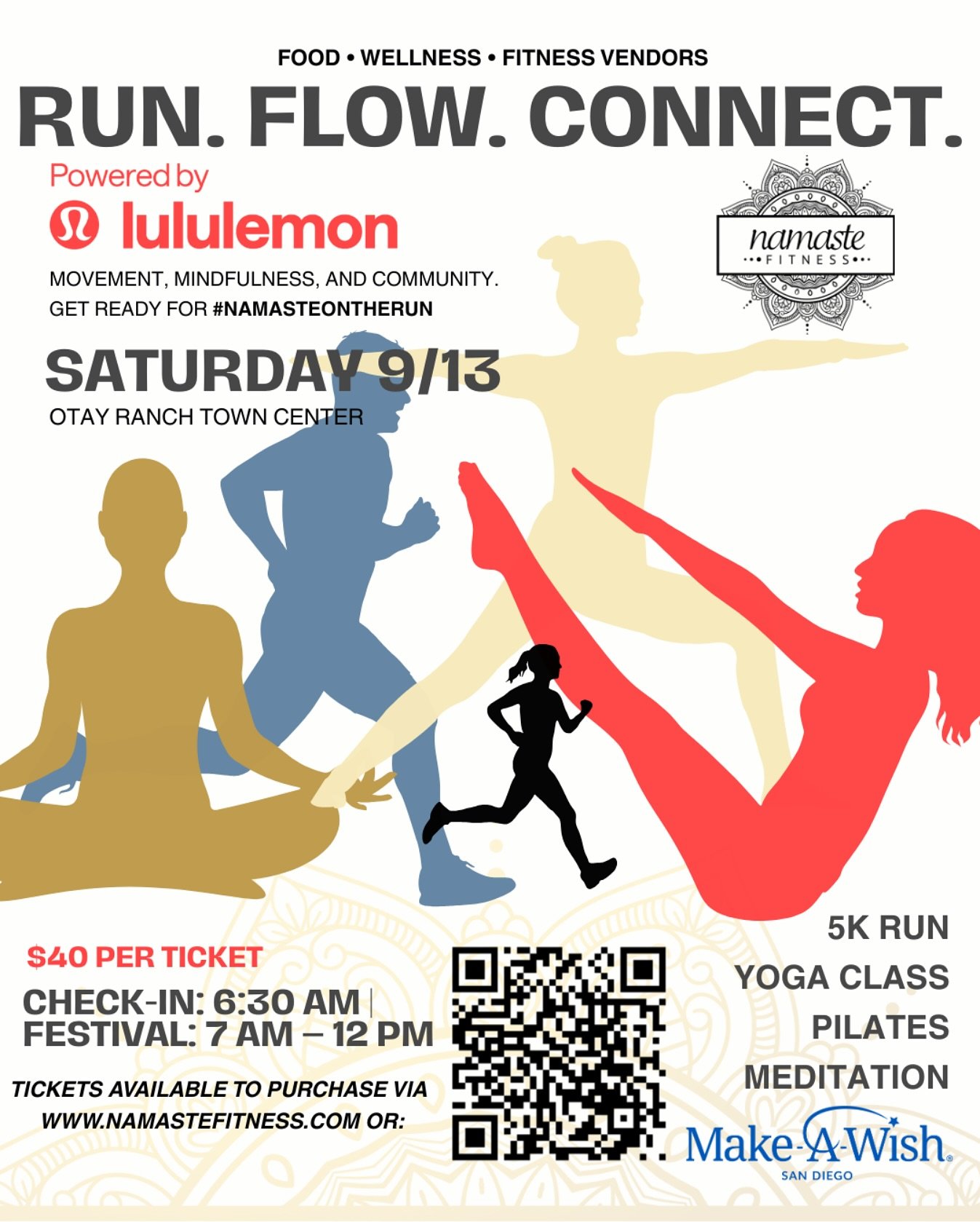 We are SO excited for this September!!!
Have you heard about this fun event yet??? If not, please read!!

On Saturday September 13 we will be hosting Namaste On the Run, powered by @lululemon which is a wellness festival and 5k fun run at the Otay Ra